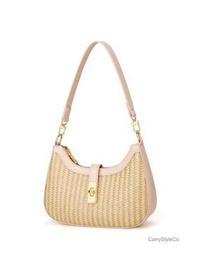 Crescent Hobo Shoulder Bag Straw and PU Leather with Chain Strap Zip Closure